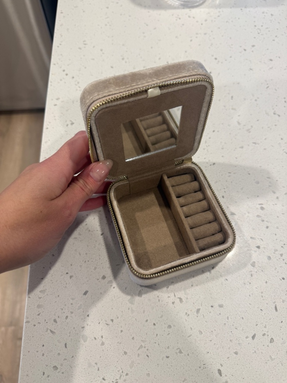 Velvet Travel Jewelry Case with Mirror in Taupe